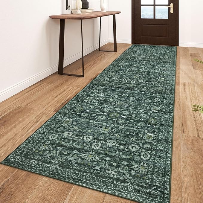 Vintage Runner Rug 3x10, Dark Green Washable Kitchen Runner Non-Slip Soft Hallway Rug Runner Floral Thin Print Faux Wool Carpet for Entryway Bedroom Laundry Room Indoor Home Office Decor