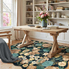 Washable Floral Area Rug 4x6 Black Office Carpet Scalloped Flower Non Slip Soft Living Room Rug Farmhouse Low Pile Thin Indoor Floor Cover for Bathroom Bedroom Kitchen Laundry Dining Room