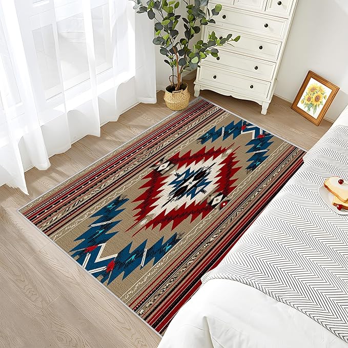 Navajo Large Rug - 7x9 Area Rug - Southwestern Tribal Ethnic Rustic Cabin Rugs for Living Room Non Slip Low Pile Machine Washable Dining Room Rugs, Navajo Carpet Home Decor & Gifts