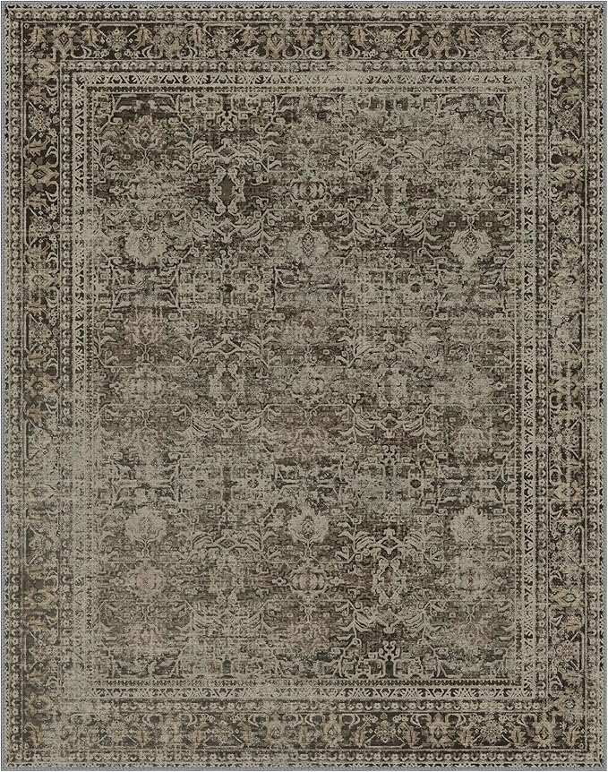8x10 Area Rug Machine Washable Boho Rug for Living Room,Ultra-Thin Low Pile Carpet,Lightweight Indoor Printed Rug,Non Slip Floral Area Rug for Bedroom, Dining Room, Home Office,Vintage Sage Green