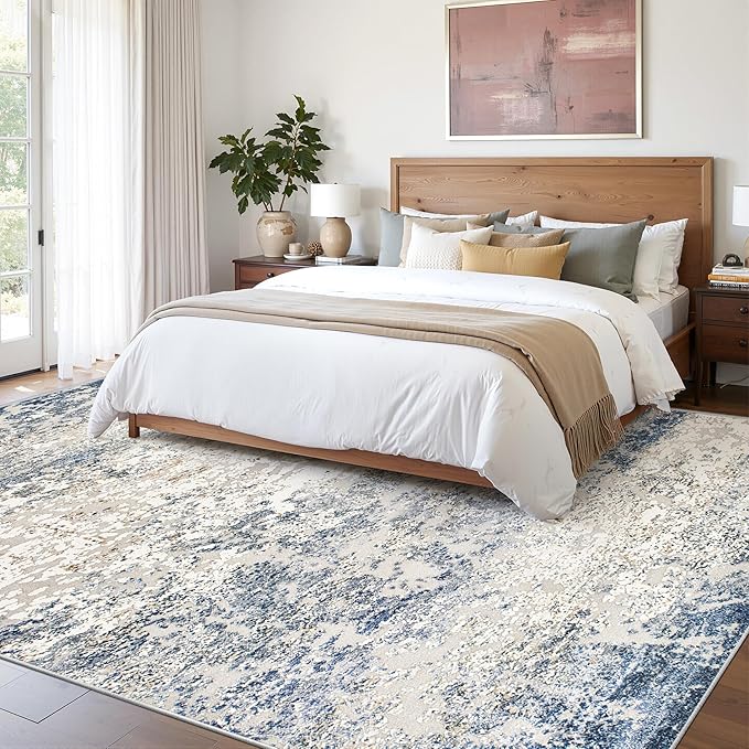 Art&Tuft Washable Rugs 9x12, Abstract Area Rugs 9x12 Living Room - Non Slip and Low Pile Soft Thin Rug for Bedroom, Dining Room, Kitchen, Office, Blue