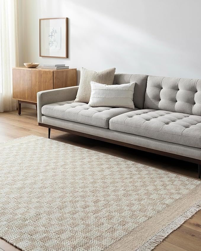 Mark&Day Wool Rugs, 2x8 Clinten Solid and Border Tan Runner Checkered Rug, Tan Ivory Carpet for Hallway, Kitchen, Bedroom or Living Room (2'6" x 8' Runner)