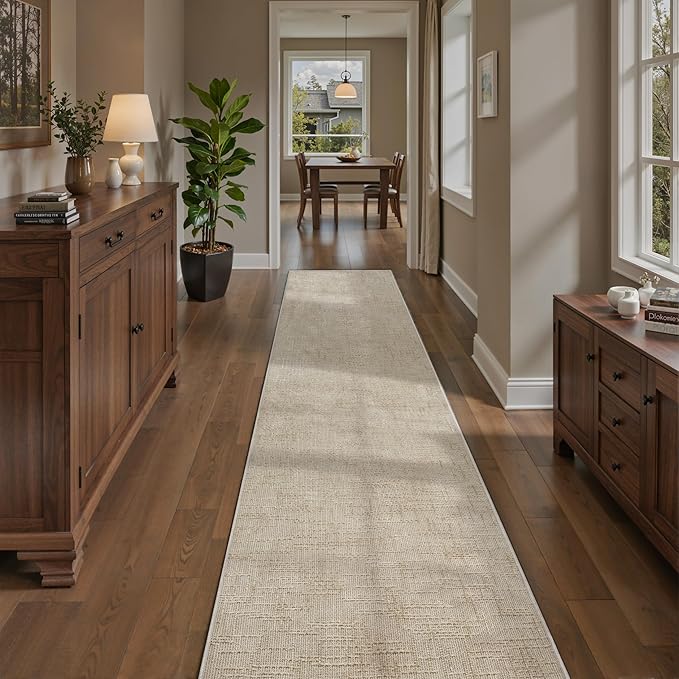 Art&Tuft 2x10 Runner Rug - Washable Runner Rugs, Non-Slip Runner Rug for Hallway, High Low Pile Textured Stripe 2x10 Rug Runner Throw Carpet for Entrance Bedroom Living Room Kitchen, Beige