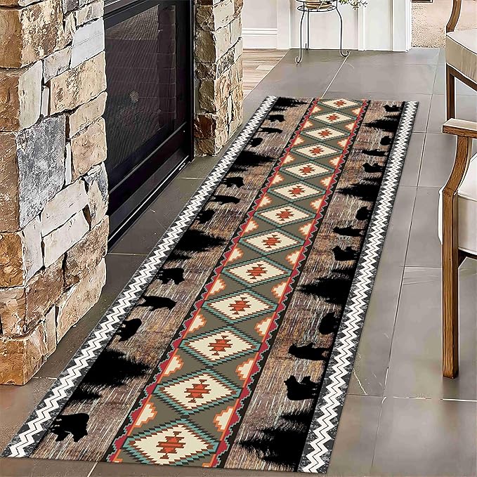 Southwestern Runner Rug, 2x10ft, Rustic Lodge Aztec Country Bear Decorative Runner Rug, Vintage Forest Birch Wild Animal Print Entrance Hallway Rug, Soft Non-Slip Carpet for Living Room Bedroom