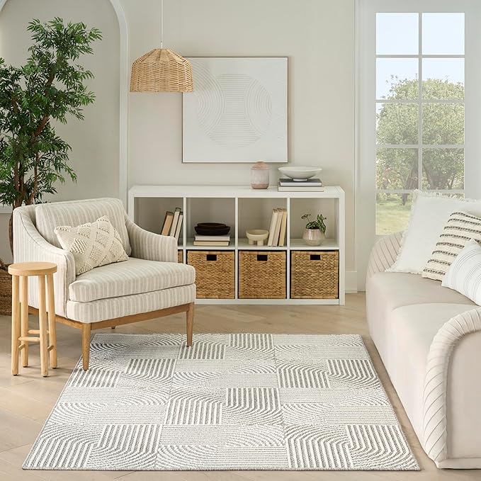 Nourison Home Textured Home Grey Ivory 5'3" x 7' Area Rug - Easy Clean, Non Shedding, Bed Room, Living Room, Dining Room, Kitchen (5' x 7')