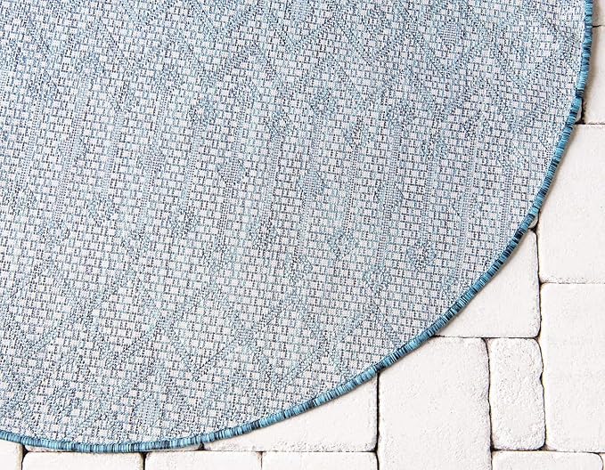 Unique Loom Outdoor Trellis Collection Area Rug - Tribal Trellis (5' 3" Round, Teal/ Ivory)