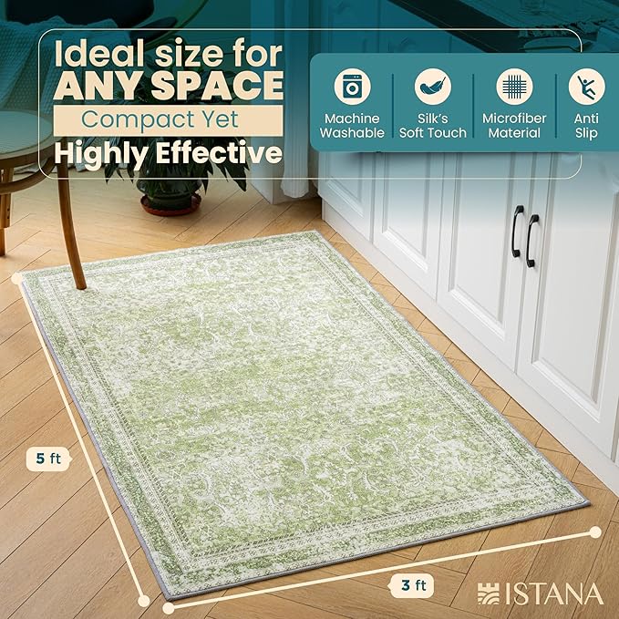 Istana 3x5 Area Rug - Light Green Modern Rugs for Living Room 3x5 - Foldable Rugs for Bedroom/Living Room Rug - Stain Resistant Washable Rug - Eco-Friendly Small Area Rugs