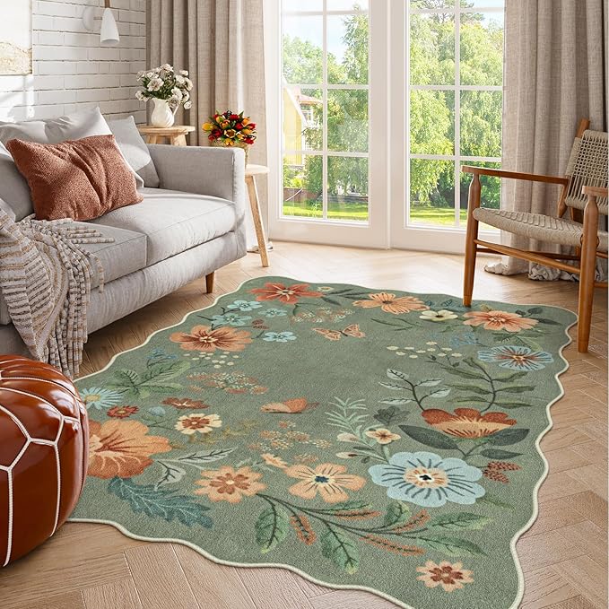 Lahome Floral Machine Washable Rug, 3x5 Rug Non Slip Soft Bedroom Rugs for Entryway Dorm, Ultra-Thin Boho Rugs for Living Room Stain Resistan Throw Carpet for Nursery Entrance, Green