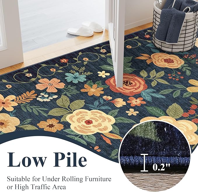 DUKINO 5x7 Area Rug, Floral Rugs for Living Room, Lightweight Non Slip Washable Rug, Indoor Low Pile & Non-Shedding Boho Design Rugs for Bedroom, Living Room, Dining Room, Dark Blue
