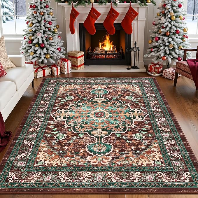 U'Artlines Boho Vintage Area Rug 4x6 ft Machine Washable Low Pile Soft Floor Carpet Non Slip Non Shedding Accent Rug for Living Room Bedroom Entryway Dining Room Office Rust＆Teal