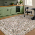 Dining Room Rugs for Under Table - 5x8 Washable Moss Green Oriental Area Rug for Living Room, Low Pile Non-Slip Floor Carpet for Bedroom - Vintage Brown Design & Stain Resistance