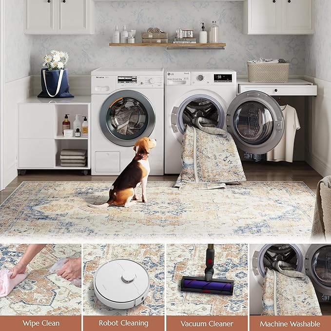 jinchan Kelda Runner Rug 2x7 Hallway Rug Washable Runner Vintage Mat Retro Print Lightweight Non-Slip Floor Cover Distressed Thin Carpet for Entryway Bathroom Bedroom Laundry Room Stairway Orange