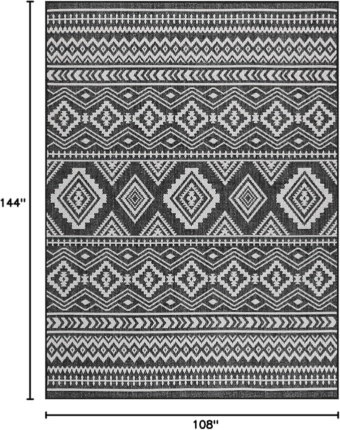 Beverly Rug Waikiki Boho Indoor Outdoor Rug 9x12, Washable Outside Carpet for Patio, Deck, Porch, Bohemian Area Rug, Farmhouse Rugs, Aztec Tribal Rug, Black and White