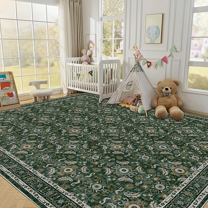 WITSHOCK Living Room Area Rugs 12x15: Soft Non-Slip Backing Washable Rugs Vintage Large Carpet for Bedroom Office Dining Room Kitchen Stain Resistant Home Decor Rug, Dark Green