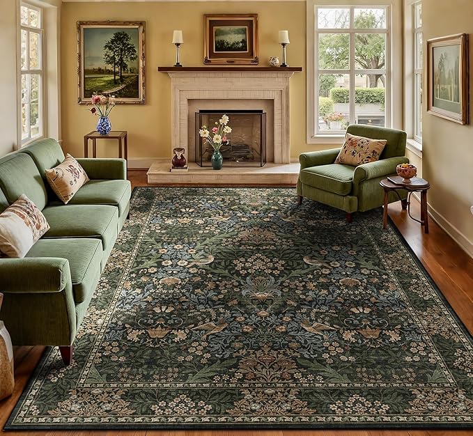9x12 Floral Washable Area Rug for Living Room, Vintage Boho Large Rugs for Bedroom Dining Room, Botanical Birds Non Slip Low Pile Forest Throw Carpet for Farmhouse Office, Retro Gold/Green