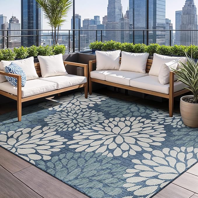 Beverly Rug Outdoor Rug 6x9 Modern Exotic Tropical Leaf Area Rugs for Indoor and Outdoor Patio Deck Porch Garden Water Resistant Washable Outside Carpet (6 x 9 Blue)