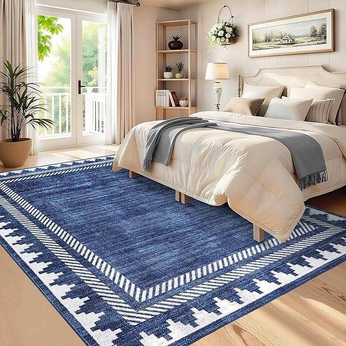 Foldable 5x7 Non Slip Area Rugs for Living Room Dining Room Modern Geometric Washable Non-Shedding Soft Indoor Carpet Bordered Printed Stain Resistant Bedroom Low Pile Rugs, Blue