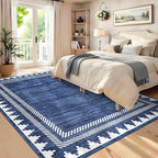 Bordered Printed 10x13 Washable Area Rugs for Living Room Modern Non Slip Foldable Soft Indoor Carpet Geometric Stain Resistant Dining Room Bedroom Large Indoor Rugs, Blue