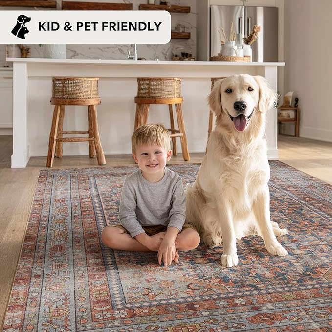 Kuden 6x9 Area Rug, Machine Washable Area Rug with Non-Slip Backing, Vintage Style, Soft, Easy Clean, Low Pile Rug for Living Room, Bedroom, Dining Room