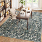 8x10 Washable Rugs for Living Room, Soft Large Rugs Blue Area Rug, Indoor Vintage Carpet for Bedroom Dining Room Office, Rubber Backed Non Slip Low Pile Mat, Deep Blue