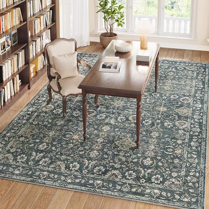 6x9 Rugs for Living Room, Soft Large Area Rugs Blue Washable Rug, Indoor Vintage Rugs for Bedroom Home Office Laundry, Rubber Backed Non Slip Low Pile Carpet, Deep Blue