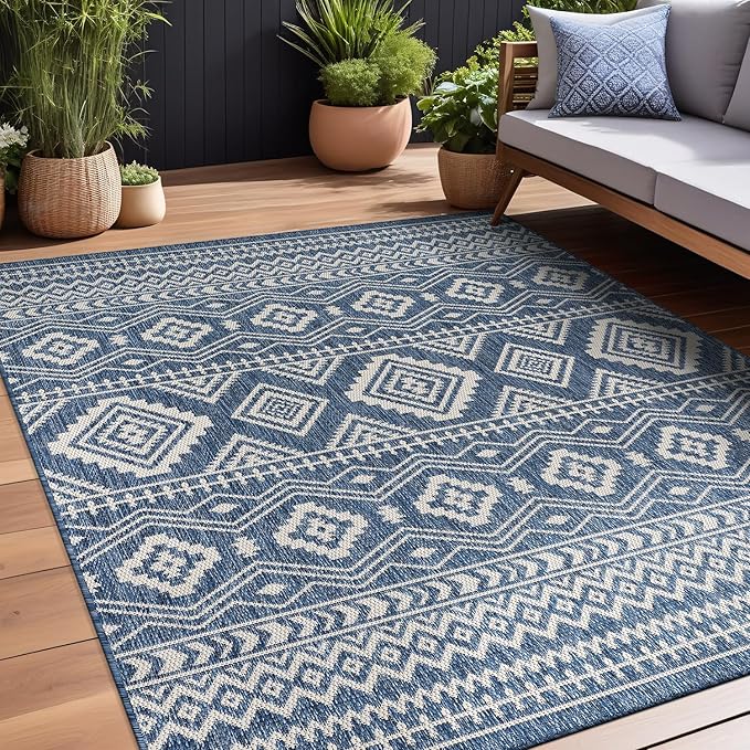 Beverly Rug Waikiki Boho Indoor Outdoor Rug 9x12, Washable Outside Carpet for Patio, Deck, Porch, Bohemian Area Rug, Farmhouse Rugs, Aztec Tribal Rug, Azure and White