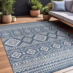 Beverly Rug Waikiki Boho Indoor Outdoor Rug 6x9, Washable Outside Carpet for Patio, Deck, Porch, Bohemian Area Rug, Farmhouse Rugs, Aztec Tribal Rug, Azure and White