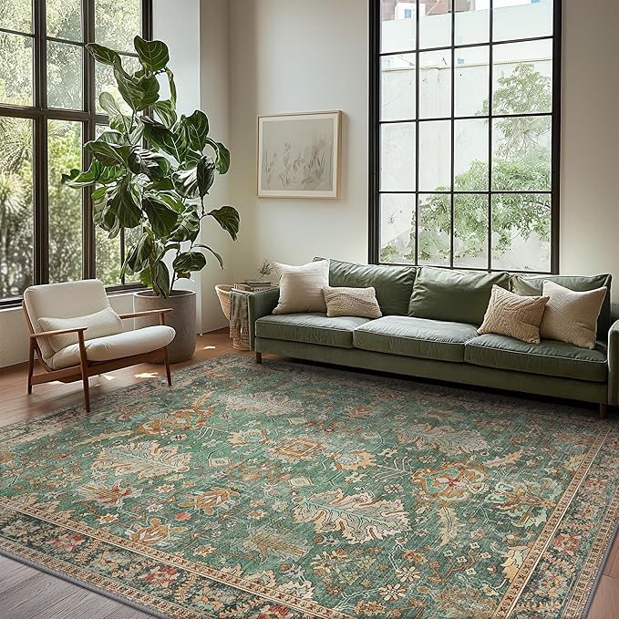 Bavni Washable Rug-9x12 Area Rugs for Bedroom Non-Slip, Ultra Thin Low Pile Living Room Rug, Modern Printed Decorative Rug for Dinning Room Office, Sage/Gold