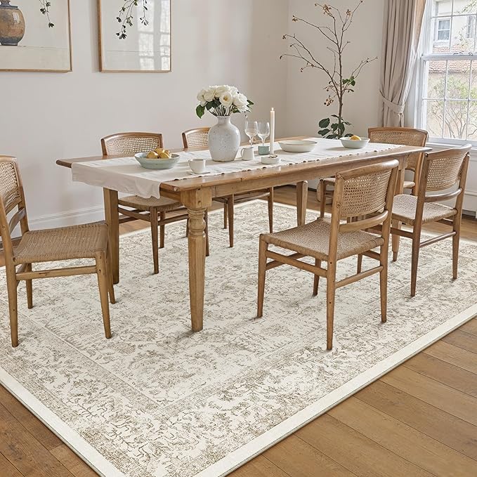 Light Brown Area Rug 10x12 Machine Washable Large Vintage Living Room Distressed Non Slip Carpet Traditional Indoor Bedroom Retro Floral Accent Throw Rug for Office Kitchen Dining Room