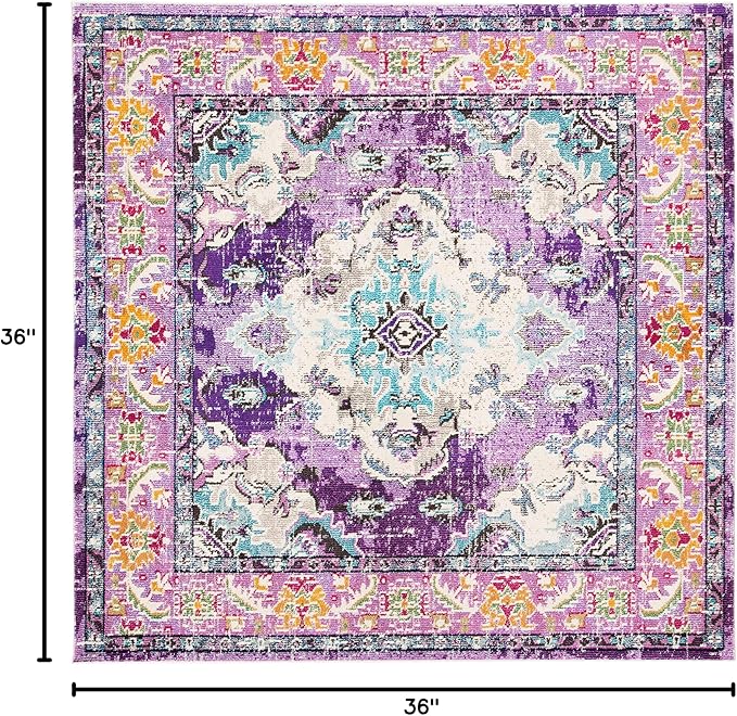 SAFAVIEH Monaco Collection Area Rug - 3' Square, Violet & Light Blue, Boho Chic Medallion Distressed Design, Non-Shedding & Easy Care, Ideal for High Traffic Areas in Living Room, Bedroom (MNC243L)