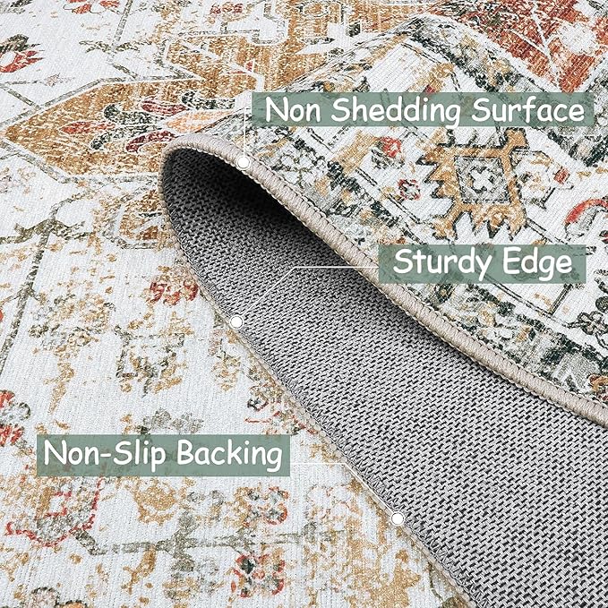 Moynesa Ultra-Thin Washable Area Rug - 5x7 Rugs for Living Room Washable Rugs for Bedroom Soft Office Mat, Printed Low Pile Accent Dining Room Carpet for Basement Nursery Playroom, Beige/Gold