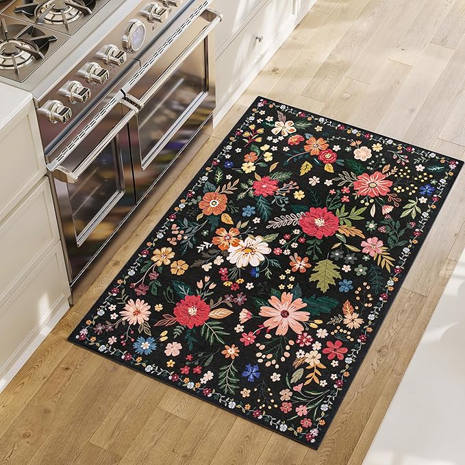 2x3 Washable Rug for Entryway, Floral Soft Small Area Rug, Non Slip Doormat Indoor Entrance Carpet, Flower Low Pile Front Door Throw Rug for Bedroom, Kitchen, Laundry, Bathroom, Black