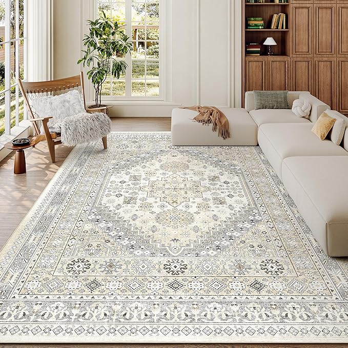 zesthome 4x6 Rug - Stain Resistant Washable Rug, Anti Slip Backing Rugs for Living Room, Foldable Vintage Small Area Rugs ((Beige,4'x6')