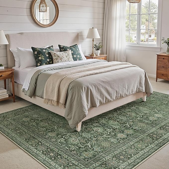 Area Rug 5x7 Green Washable Living Room Carpet Soft Non Slip Vintage Bedroom Indoor Office Traditional Retro Distressed Thicker Throw Large Rug for Dining Room Bathroom Kitchen
