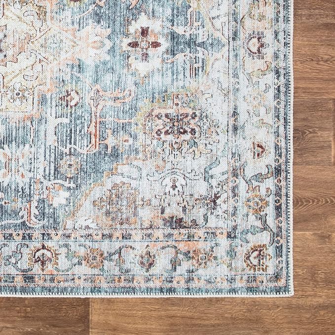 Bloom Rugs Washable Non-Slip 9' x 12' Rug - Teal/Peach Traditional Area Rug for Living Room, Bedroom, Dining Room, and Kitchen - Exact Size: 9' x 12'