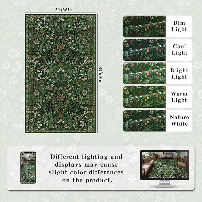 3x5 Dark Green Boho Floral Vintage Area Rug,Soft Lightweight Low Pile Non-Shedding Carpet,Machine Washable Stain Resistant & Non-Slip for Entryway,Bedroom, Kids Room,Living Room