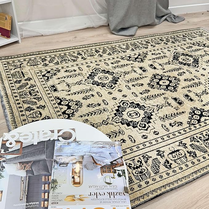 Alfa Rich 7x10 Beige Black Washable Area Rugs for Living Room Bedroom Kitchen Dining Cotton Rug