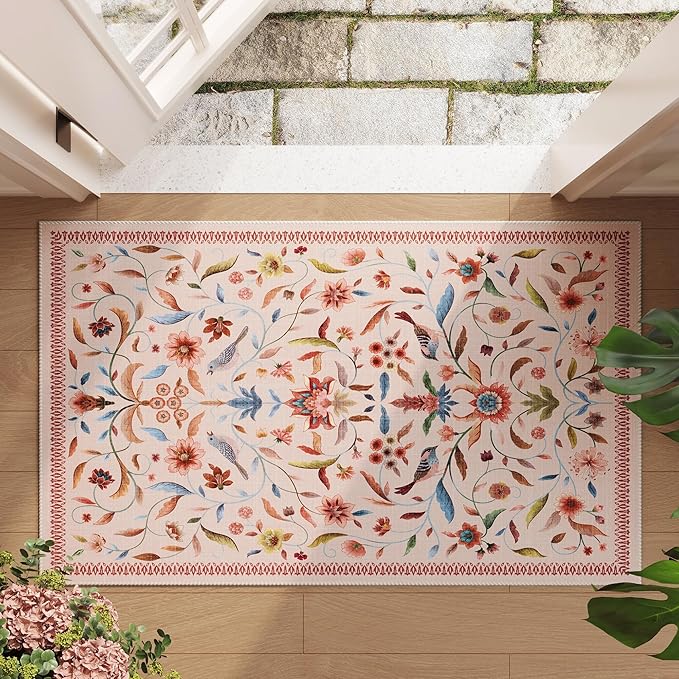 Vintage Medallion Floral Indoor Door Mat 2x3, Machine Washable Entryway Rug, Low Pile Soft Small Carpet, Non-Slip Area Rug for Entrance, Bedroom, Kitchen & Kids Room | Pink