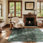3x5 Floral Washable Area Rug for Living Room, Vintage Boho Rugs for Bedroom Dining Room, Botanical Birds Non Slip Low Pile Forest Throw Carpet for Farmhouse Office, Retro Green/Blue