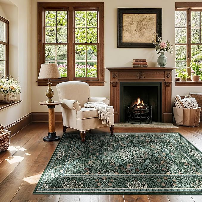 3x5 Floral Washable Area Rug for Living Room, Vintage Boho Rugs for Bedroom Dining Room, Botanical Birds Non Slip Low Pile Forest Throw Carpet for Farmhouse Office, Retro Green/Blue