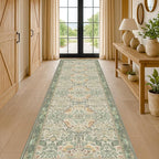 12ft Extra Long Vintage Runner Rugs for Hallways - 3x12 Wide Kitchen Runners, Entryway Rug, Sage Boho Design with Flowers and Leaves, Washable Non Slip Low Pile