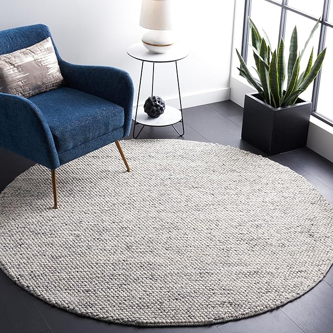 SAFAVIEH Natura Collection Area Rug - 8' Round, Light Grey & Ivory, Handmade Wool Blend, Textured Design, Ideal for Living Room, Bedroom, Dining Space (NAT620G)