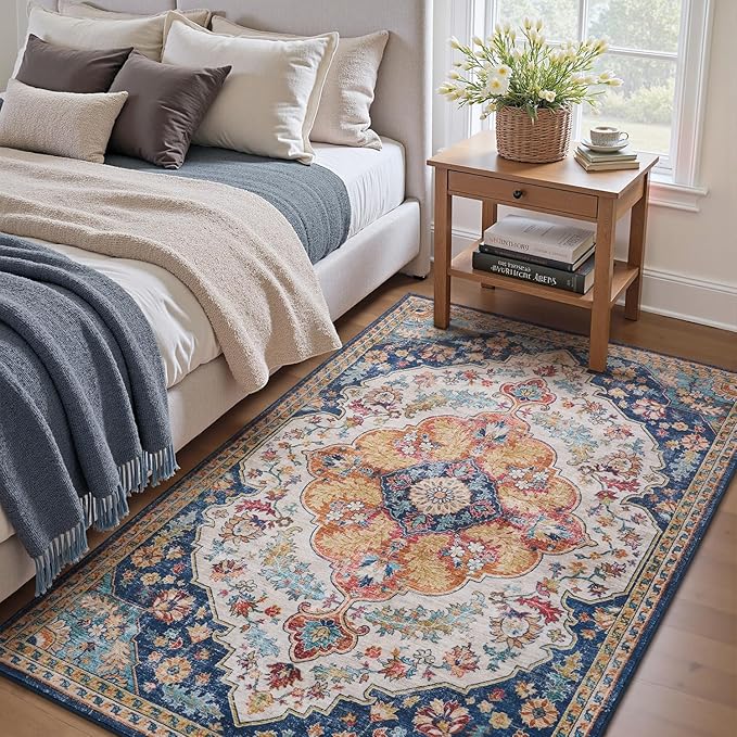 tchdio 3x5 Bedroom Area Rug, Non Slip Washable Entryway Rug Indoor, Soft Low Pile Vintage Door Mat, Stain Resistant Rug for Entrance, Bedside, Dining Room (Multi, 3'x5')