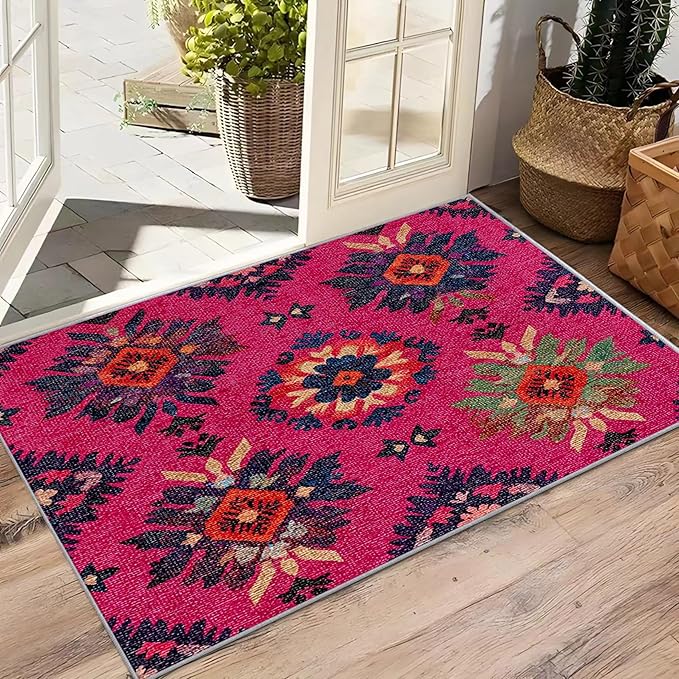 Southwestern Large Rug - 7x9 Area Rug - Ethnic Vintage Floral Medallion Rugs for Living Room Non Slip Low Pile Machine Washable Dining Room Rugs, Southwestern Carpet Home Decor & Gifts