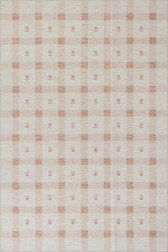 Dash & Albert Zale Peach Machine Washable Rug, 8.5 X 11.5 Feet, Oranges/White Plaid Pattern
