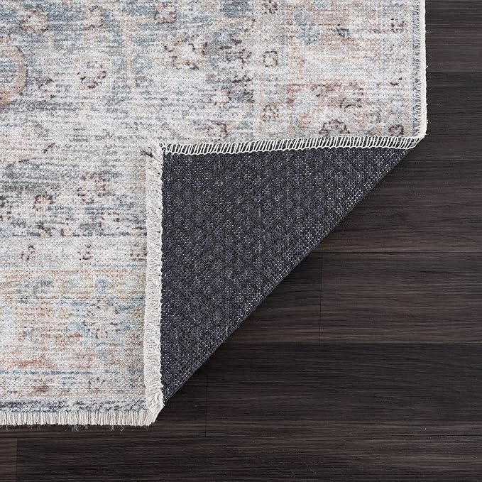 Bloom Rugs Caria Washable Non-Slip 4x6 Rug - Ocean Blue/Brick Traditional Area Rug for Living Room, Bedroom, Dining Room, and Kitchen - Exact Size: 4' x 6'