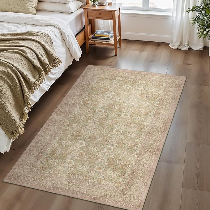 Bavni 3x5 Vintage Floral Rug, Washable Non Slip Area Rug for Entryway, Bedroom, Kitchen or Living Room, Low Pile Carpet, Brown Pink