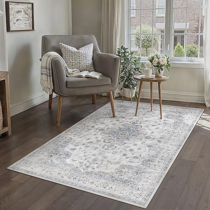 HUGEAR Machine Washable Area Rugs 4x6 Vintage Blue Living Room Rug Neutral Style Non Slip Stain Resistant Low Pile Throw Carpet for Office Home Retro Aesthetic Modern Decor