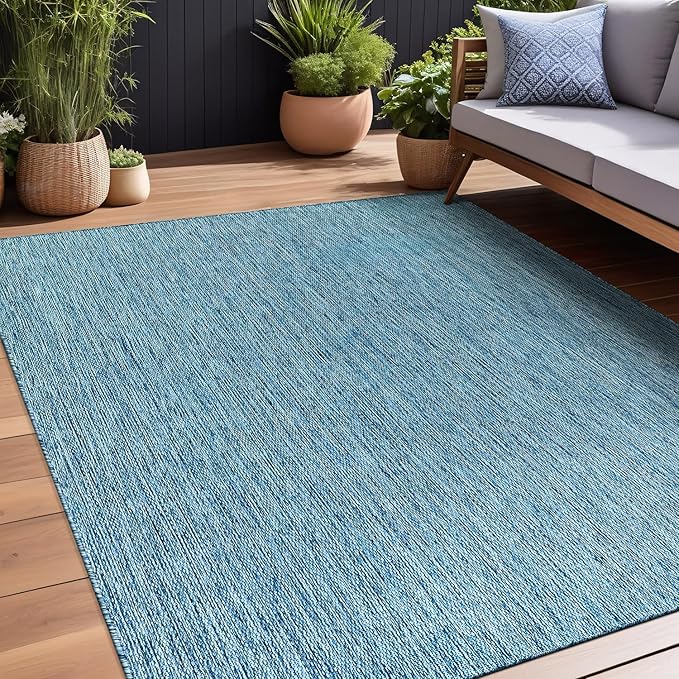 Beverly Rug Indoor Outdoor Rug 6x9, Washable Outside Carpet for Patio, Deck, Porch, Solid Modern Area Rug, Water Resistant, Aqua Blue
