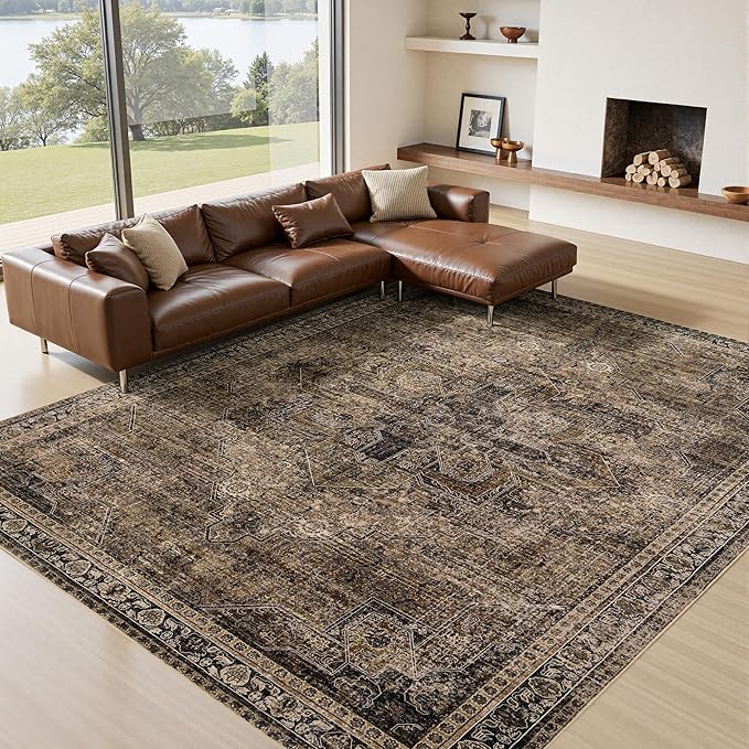 Washable Area Rugs 8x10, Large Rugs for Living Room, Carpet for Bedroom, Soft Faux Wool Retro Dining Room Rug, Non-Slip Backing Resistant Low Pile Vintage Print Rug for Home Office (Brown1)